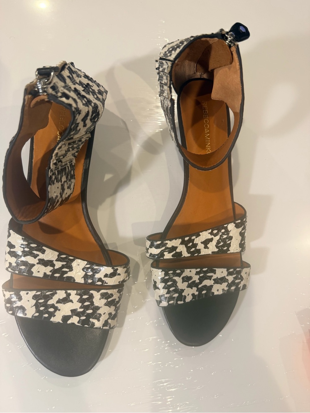 Rebecca Minkoff Black & White Patterned Ankle-Strap Wedges